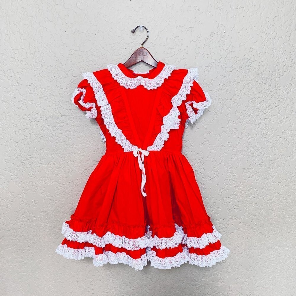 Vintage Betty Oden Girl Dress Size 7 Fire Engine Red Pageant Frilly Lace - Picture 9 of 11